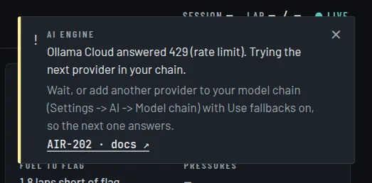 A notice from the AI engine: Ollama Cloud answered 429 (rate limit). Trying the next provider in your chain. Below it the fix: wait, or add another provider to your model chain with Use fallbacks on. At the bottom a link reading AIR-202, docs.