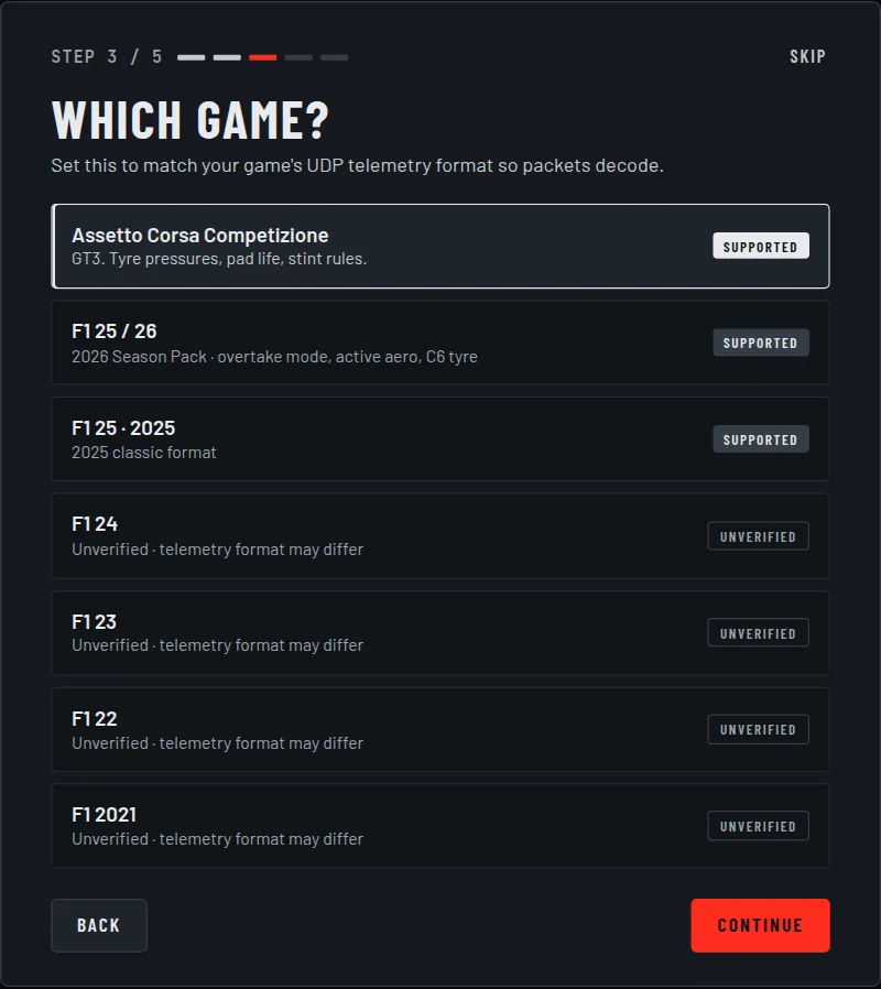 Onboarding step 3 of 5, Which game: Assetto Corsa Competizione selected and marked supported, F1 25 / 26 and F1 25 2025 supported, F1 24, F1 23, F1 22 and F1 2021 marked unverified.