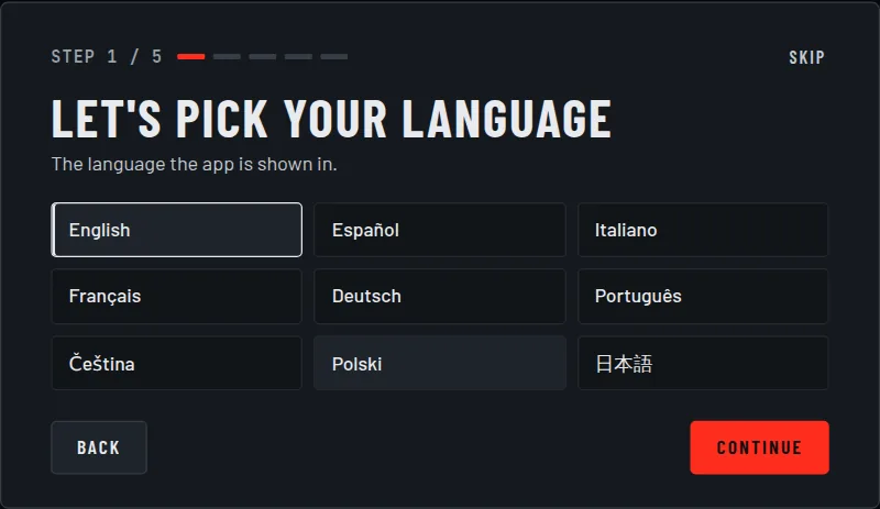 Onboarding, Let's pick your language: a grid of the nine languages, English, Español, Italiano, Français, Deutsch, Português, Čeština, Polski and 日本語.