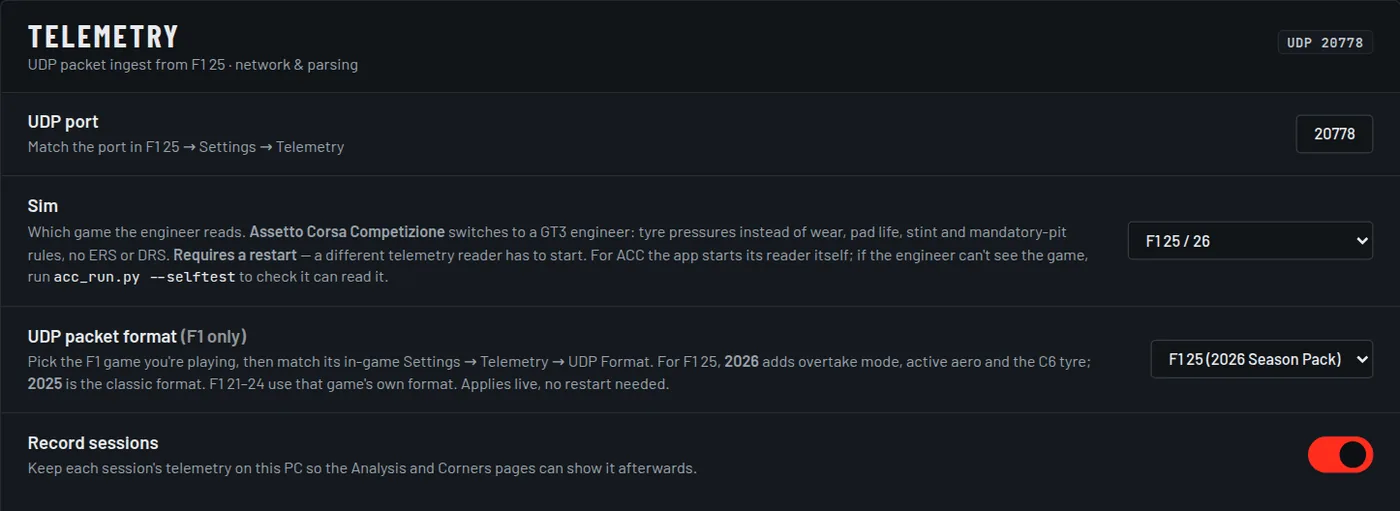 Settings, Telemetry pane: UDP port 20778, the Sim dropdown set to F1 25 / 26, the UDP packet format dropdown set to F1 25 (2026 Season Pack), and the Record sessions switch.